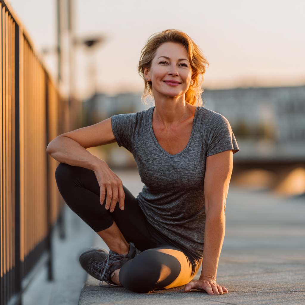 Smiling middle-aged Ukrainian woman in athletic wear holding dumbbells in a modern gym setting with natural lighting