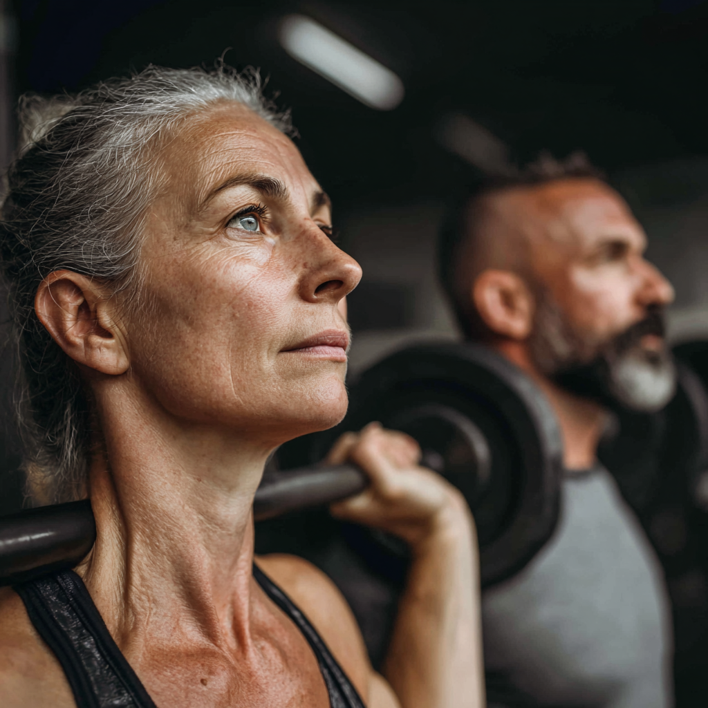 Group of diverse Ukrainian adults of different ages doing strength exercises in a bright fitness studio with natural lighting