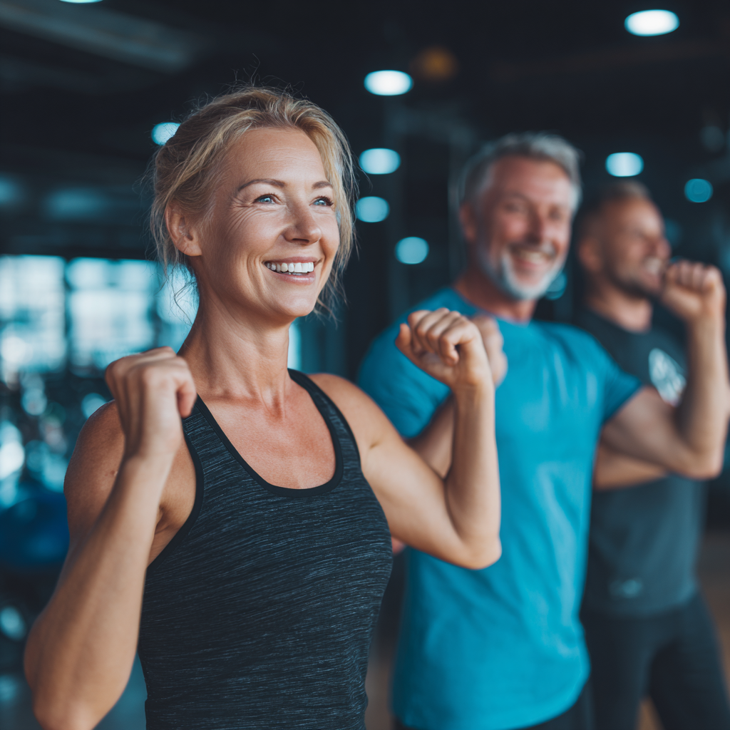 Elderly Ukrainian couple in their 60s doing gentle stretching exercises outdoors in a park setting with morning sunlight
